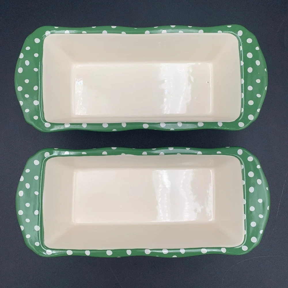 Pioneer Woman Rose Shadow Loaf Pan Set of 2 Stoneware Green Polka Dot Floral